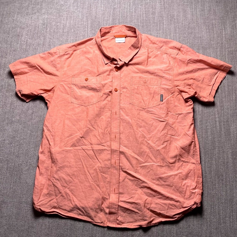 Columbia Mens XL Orange Curved Hem Short Sleeve Button Up Hiking Outdoor Shirt
